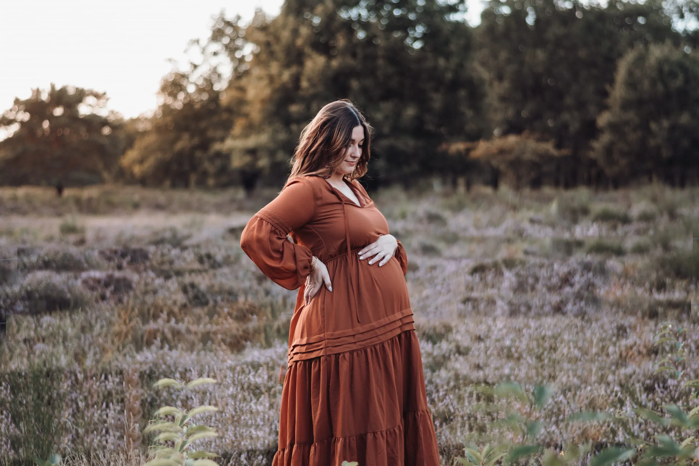 Schwangere im rostroten Kleid in der blühenden Heide